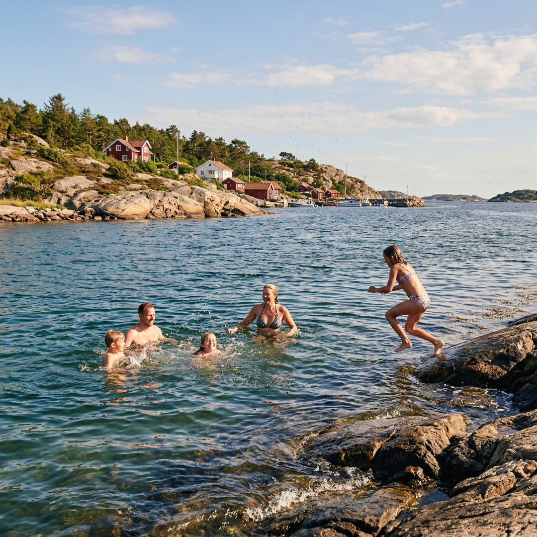 Familj badar i havet